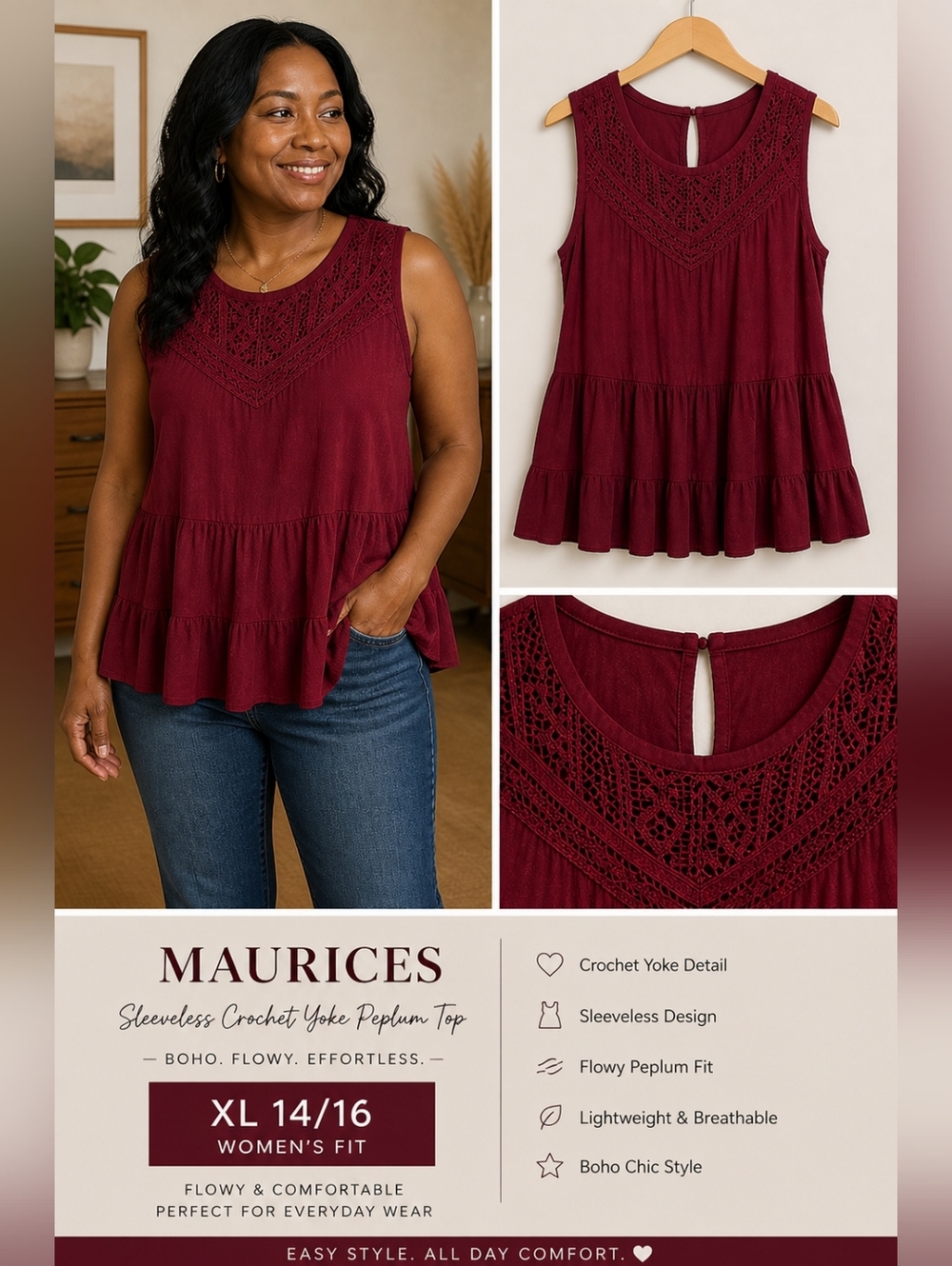 Sleeveless Crochet Yoke Peplum Top - Burgundy Boho Bohemian Flowy Xl 14/16